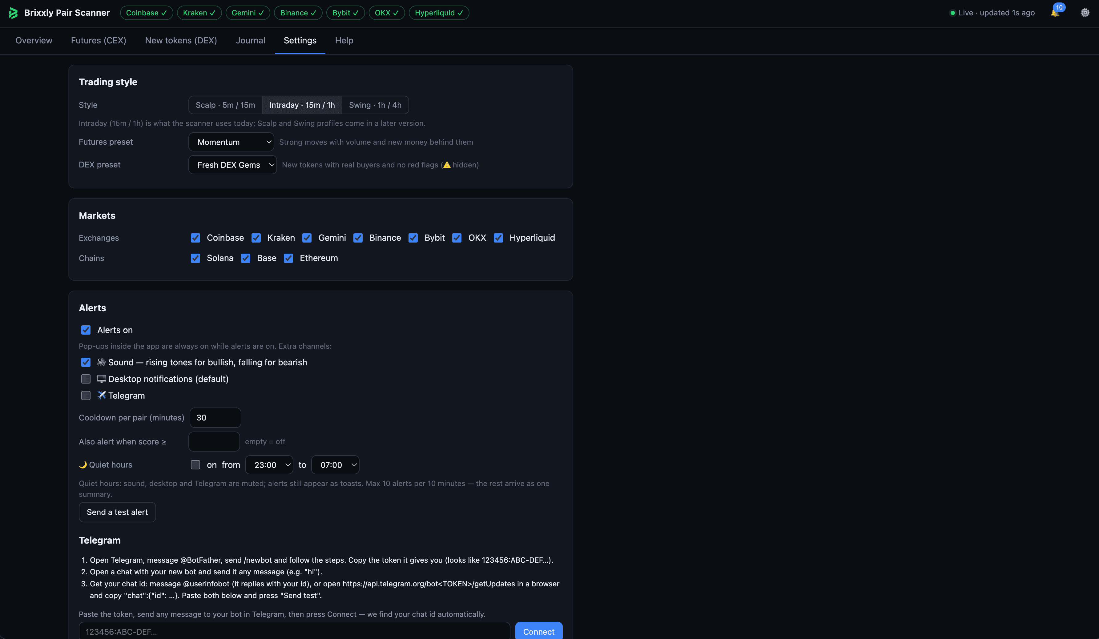 Brixxly settings with alert options for sound, desktop and Telegram notifications