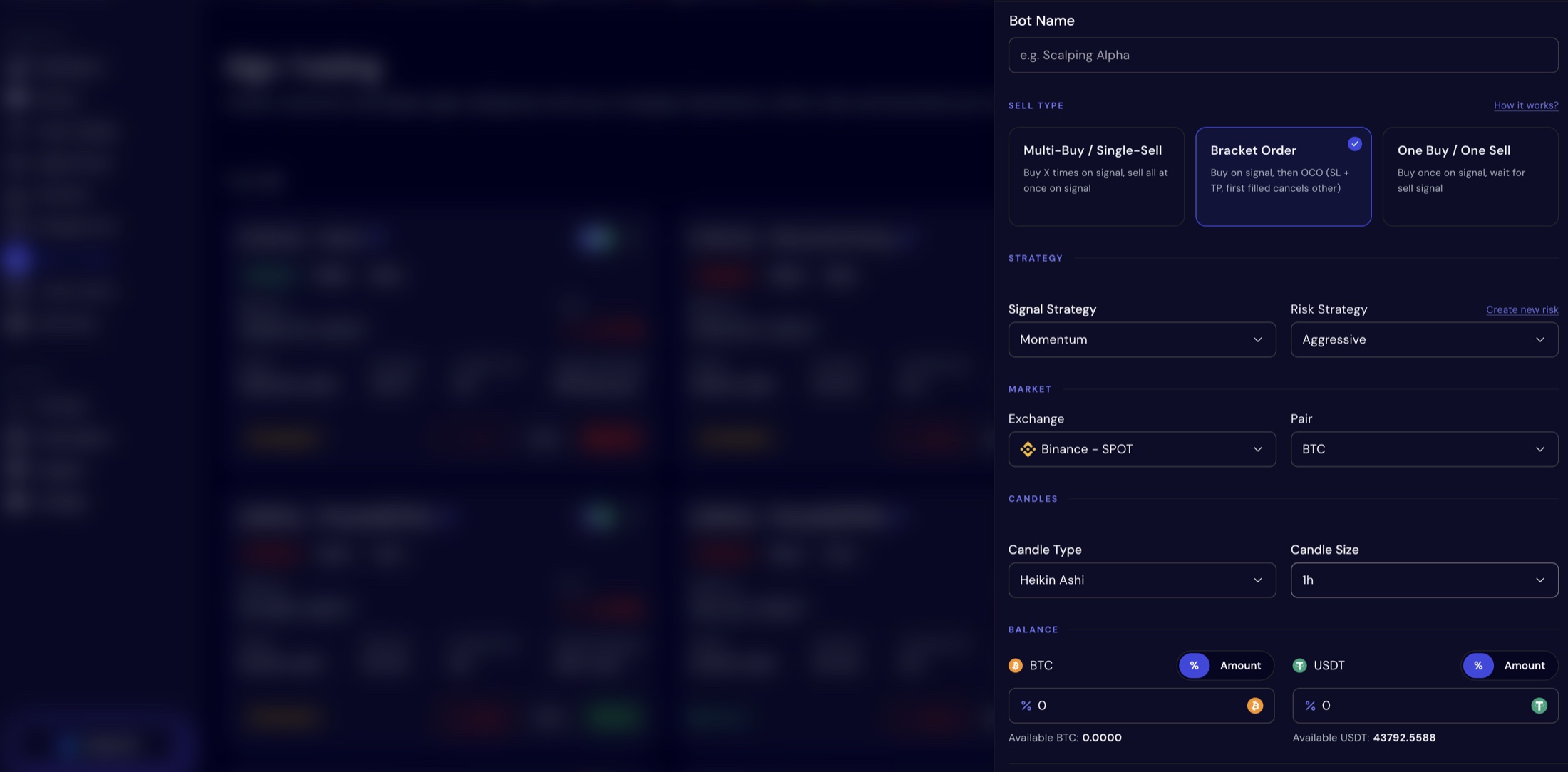 Botico bot creation form with three sell types (Multi-Buy / Single-Sell, Bracket Order, One Buy / One Sell), signal strategy and risk strategy selectors, Binance spot market, BTC pair, Heikin Ashi 1h candles and BTC and USDT starting balance