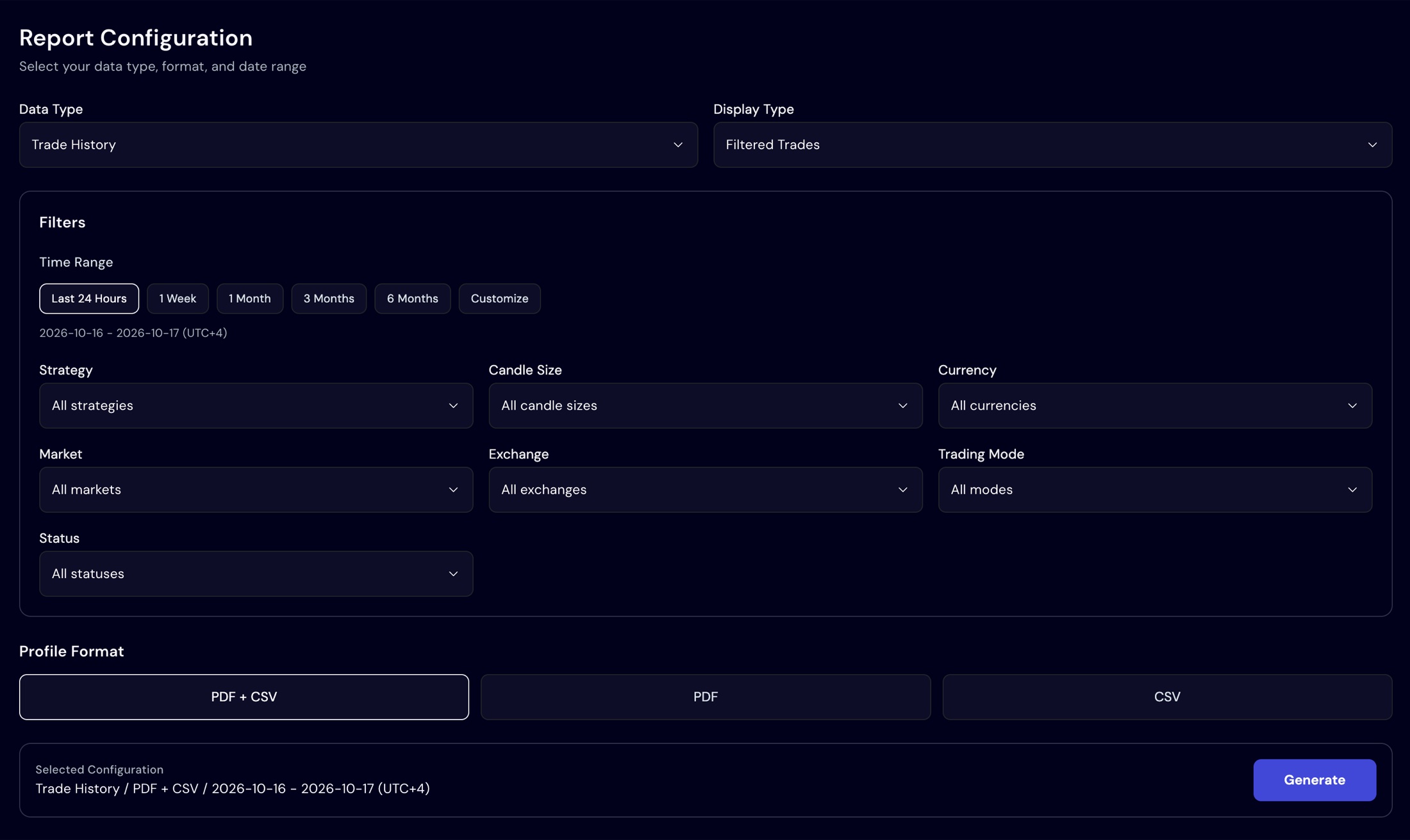 Botico Report Configuration screen with data type, time range, filters for strategy, candle size, currency, market, exchange, trading mode and status, and PDF, CSV or PDF plus CSV format